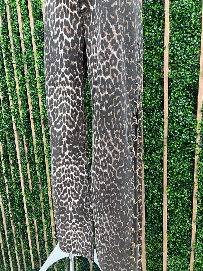 Rhinestone Side Animal Print Denim