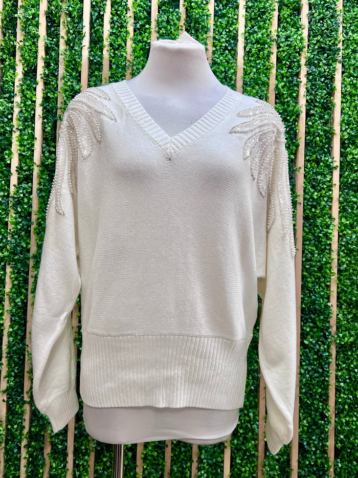 White Tonal Feather Beaded Shoulder Embellished Sweater