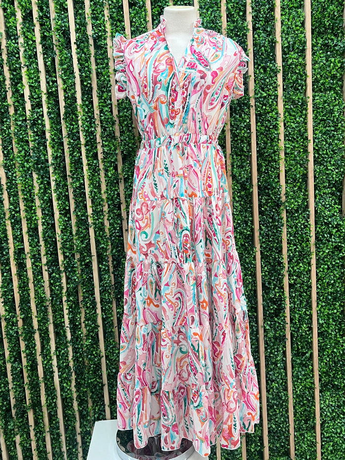 Pink Turquoise Multi Abstract Button Down Maxi Dress