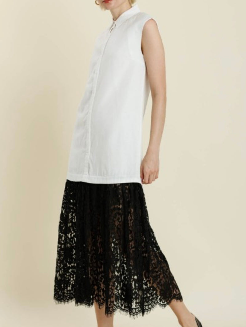 Ivory Black Lace Trim Collared Midi Dress