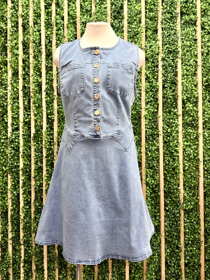 Button Detail Fitted A Line Short Denim Dress