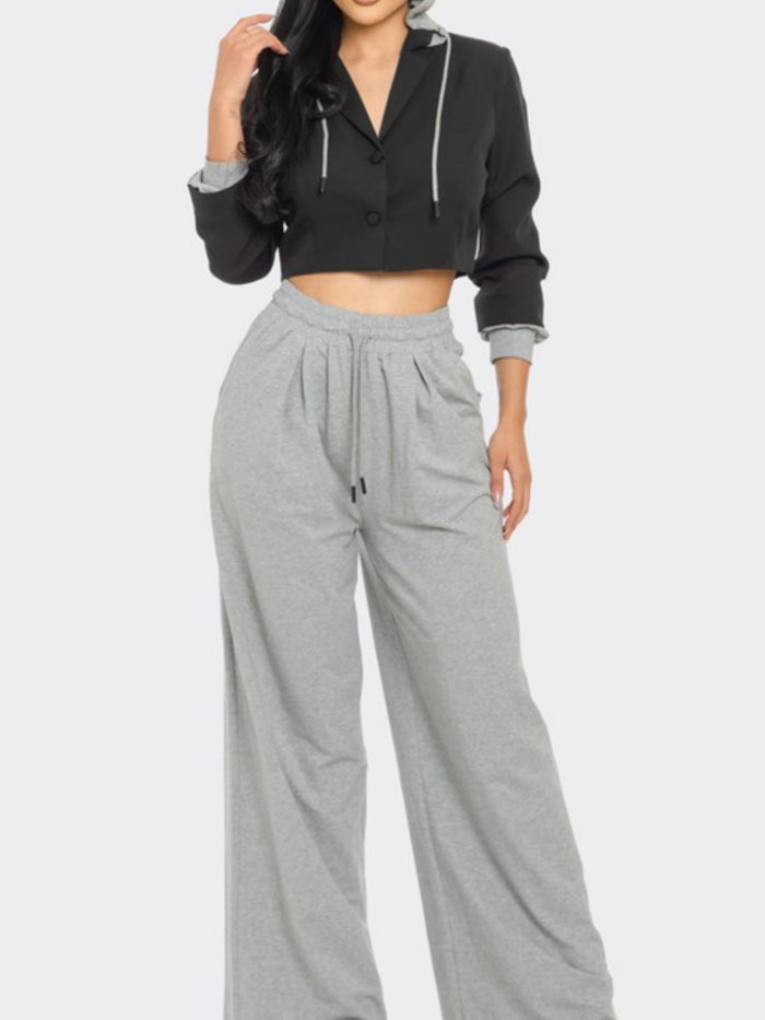 Black Grey Hoodie Blazer Pant Set