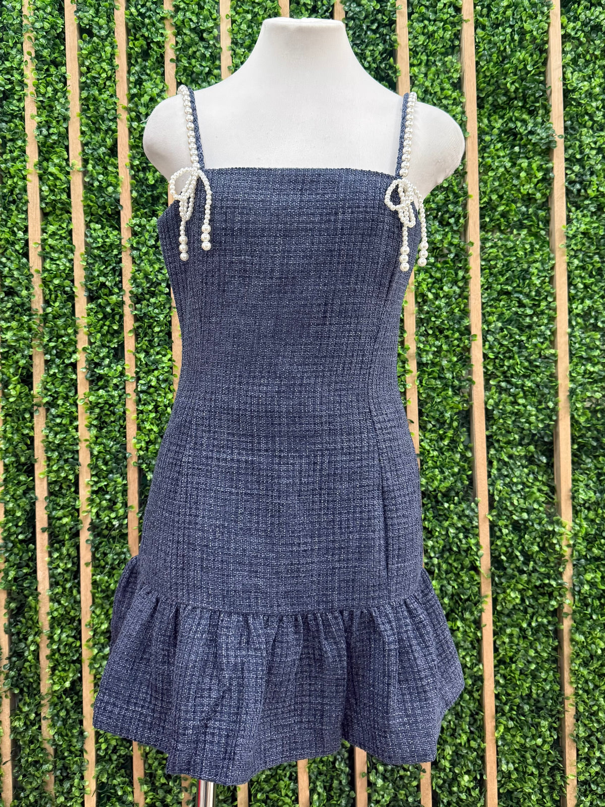 Pearl Trim Navy Jacquard Short Dress