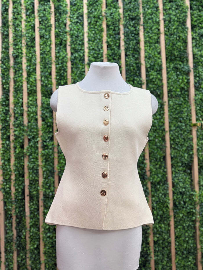 Fitted Knit Down Button Accent Vest Top