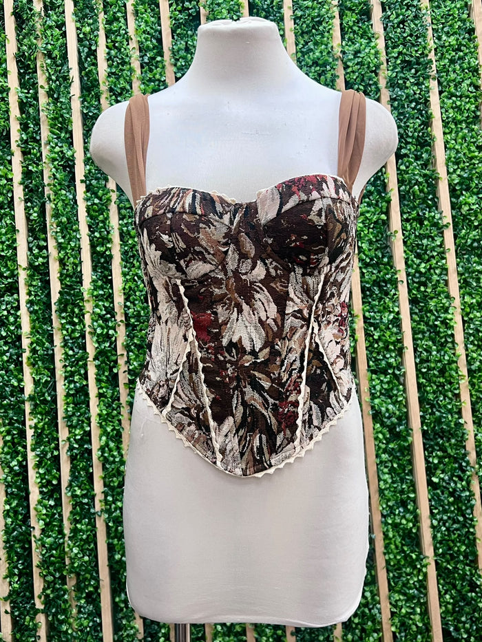Brown Floral Jacquard Lace-Up Corset Top