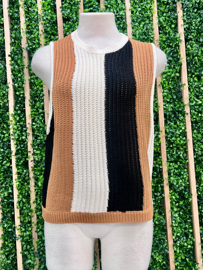 Cream Camel Vertical Stripes Knit TOp