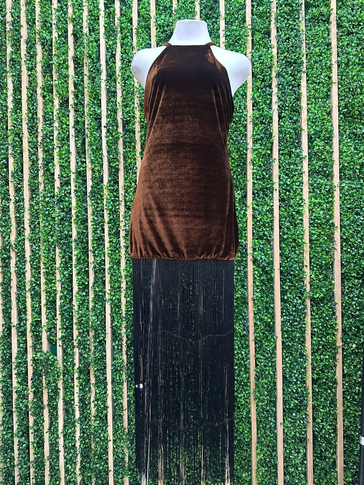 Beautiful Brown Velvet Fringe Halter Long Dress