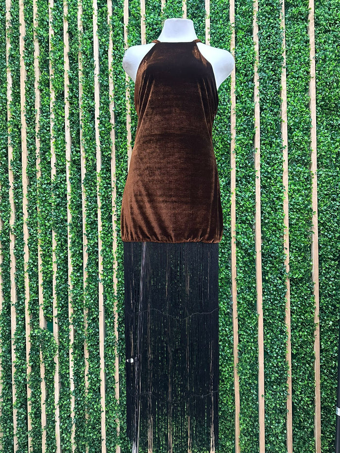 Beautiful Brown Velvet Fringe Halter Long Dress