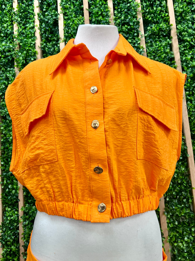 Orange Waffle Crop Blouse