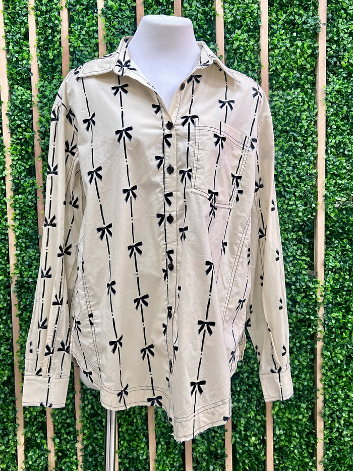Bow Print Button Down Blouse