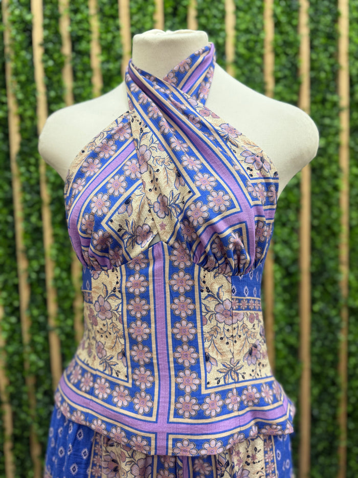 Blue Printed Halter Neck Top