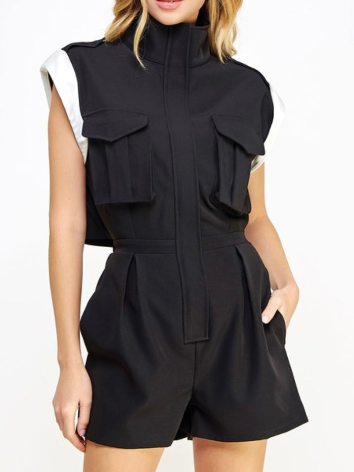 Black Satin Contrast Mock Neck Romper