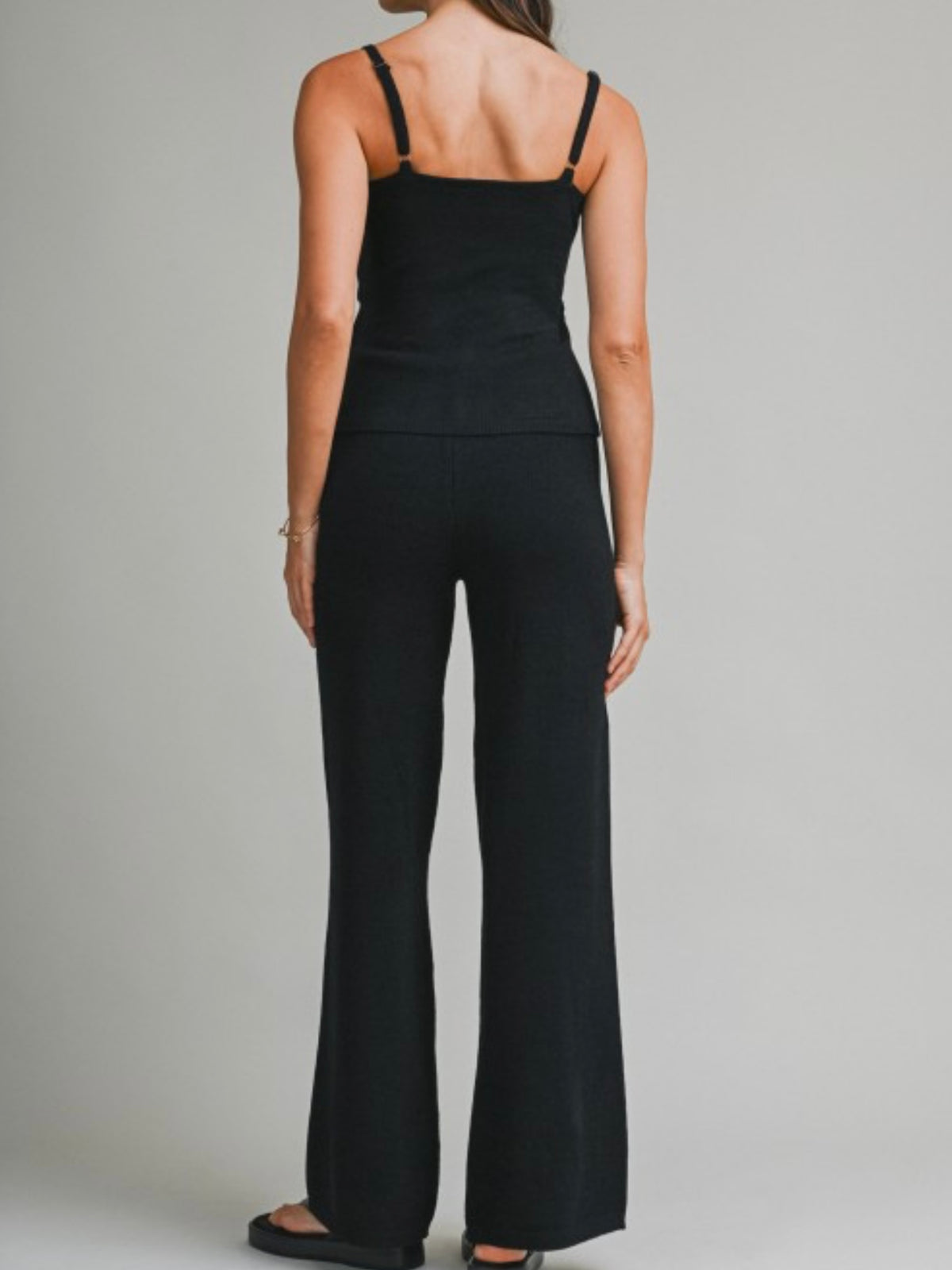 Black Front Cutour Knit Long Pant Set