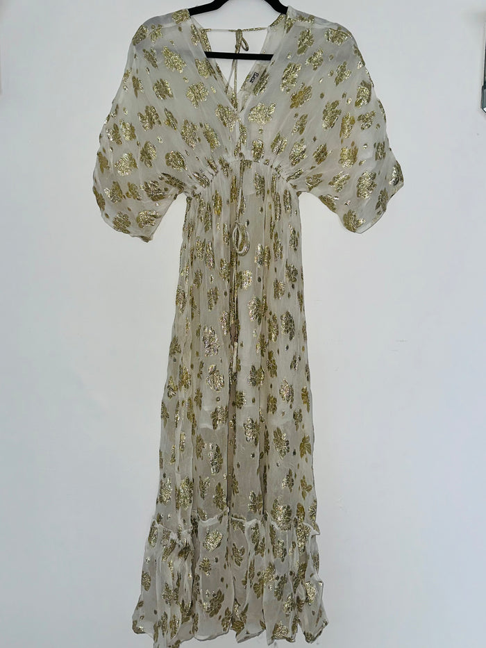 Gold Flower Embroidered V Neck Kimono Maxi