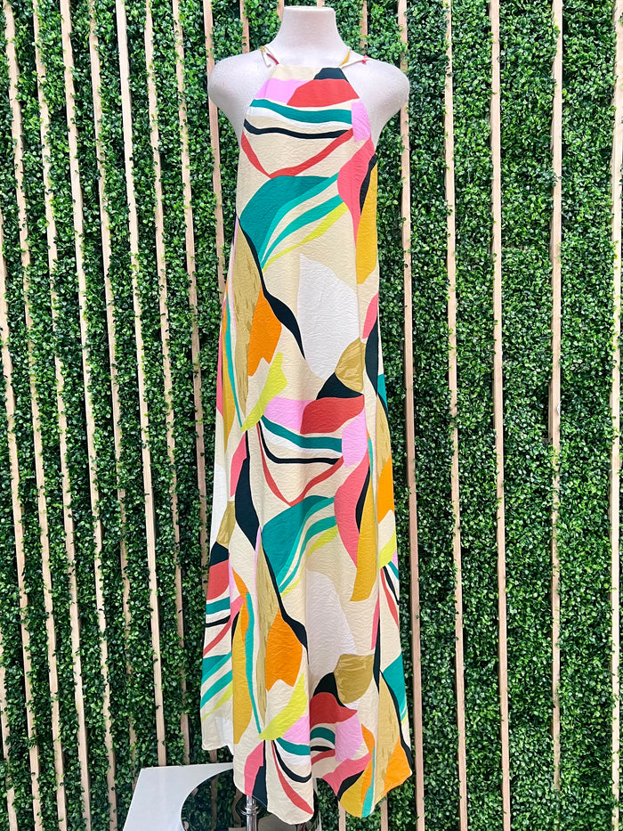 Cream Multi Abstract Halter Maxi Dress