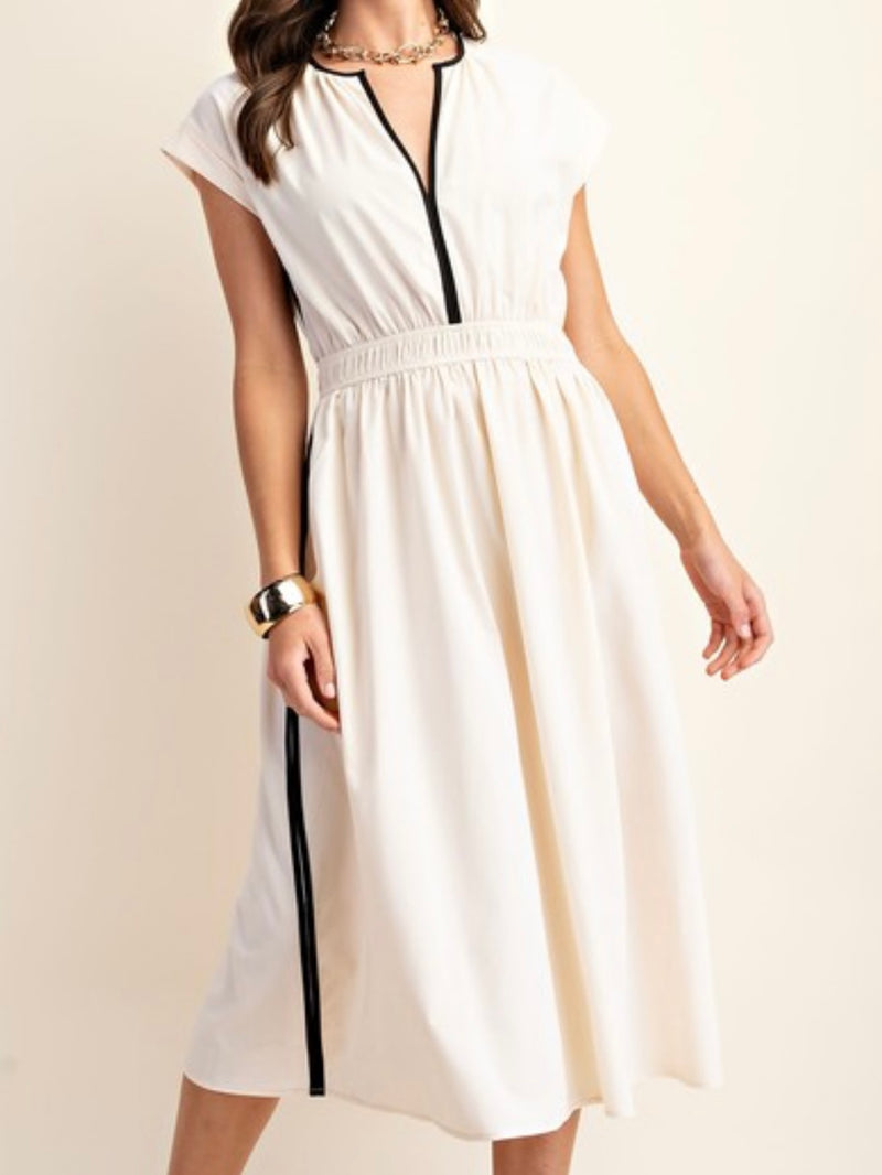 Black Piping Detail V neck Ivory Midi Dress