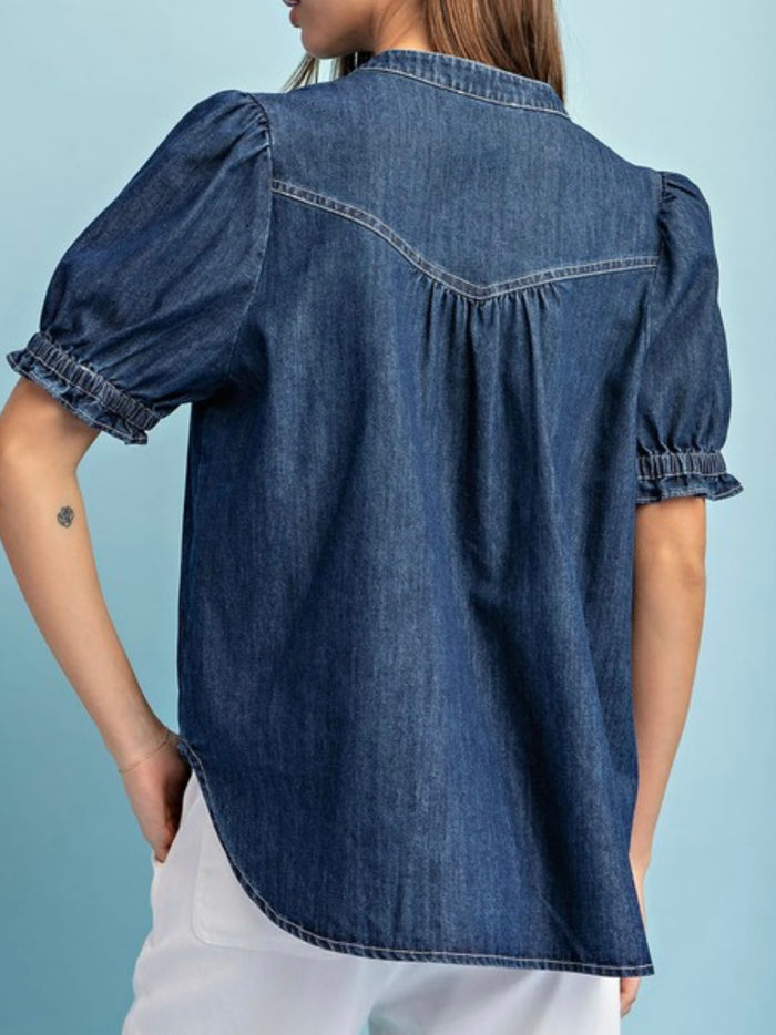 Dark Denim Short Balloon Sleeve Blouse