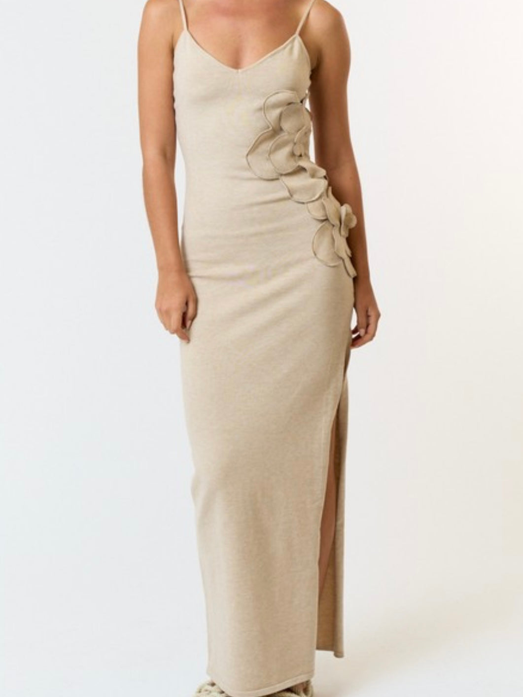 Flower Detail Fitted Knit Maxi Dress