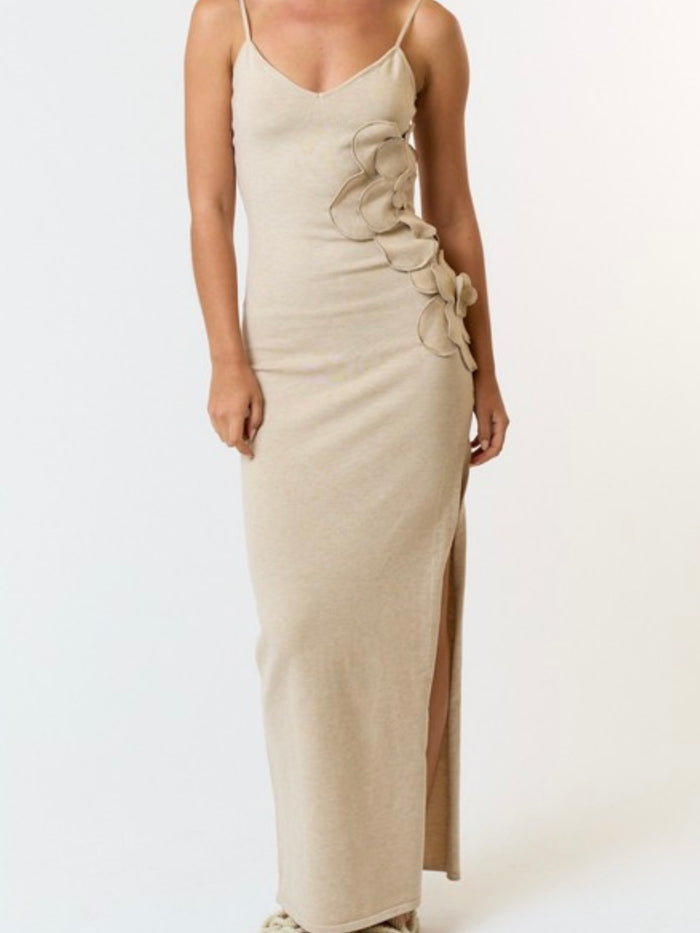Flower Detail Fitted Knit Maxi Dress