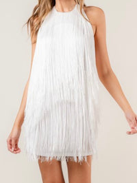 White Halter Fringe Detail HalterShort Dress