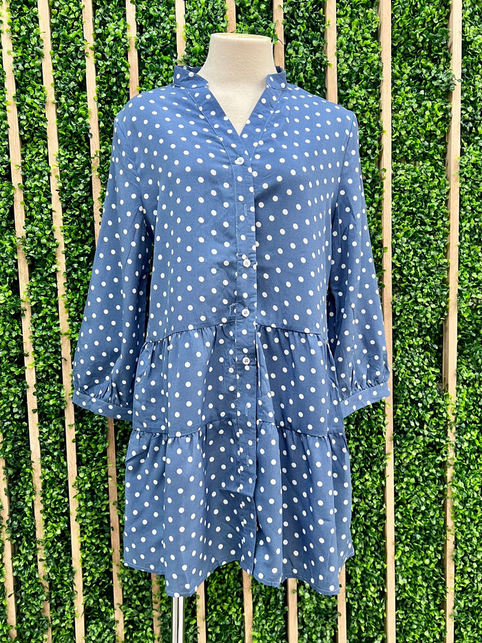 Polka Dot Button Down Drop Waist Short Dress