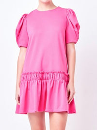 Delicate Pink Balloon Sleeve Ruched Dropwaist Short Dress