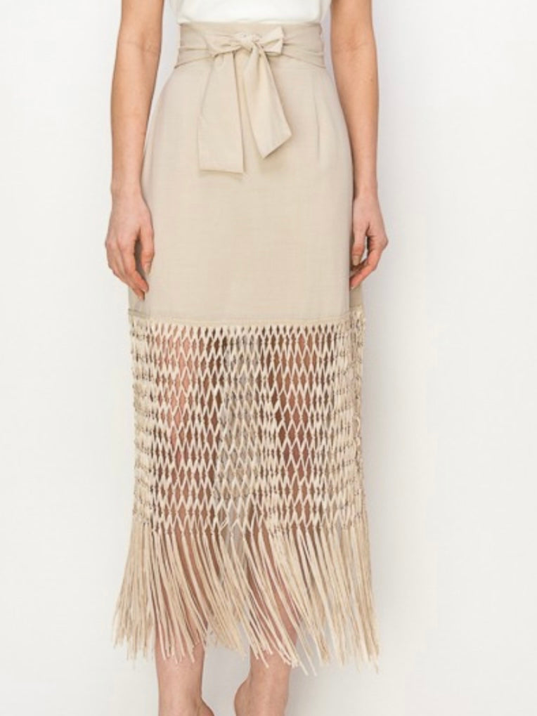 Fringed Hem High Waist Midi Skirt