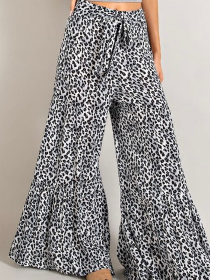 Grey Leopard Tiered Wide Leg Pant