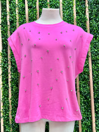 Fuchsia Rhinestone Studded Cap Sleeve Top