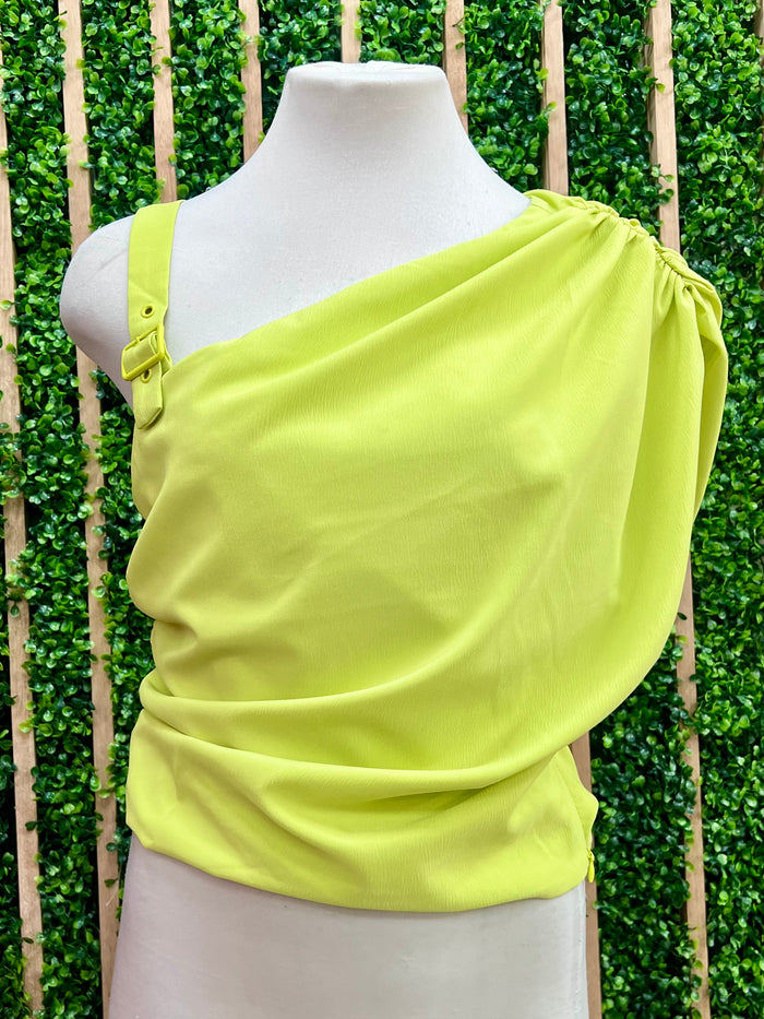 Lime One Shoulder Buckled Strap Top