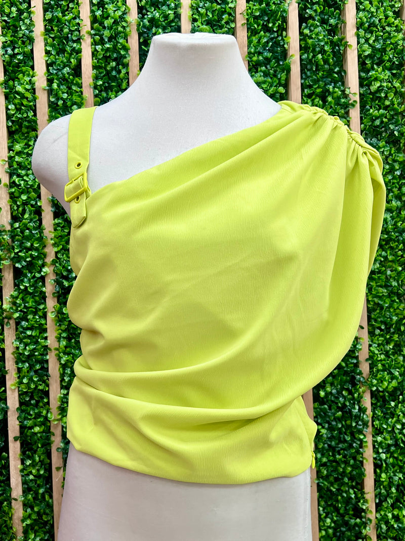 Lime One Shoulder Buckled Strap Top