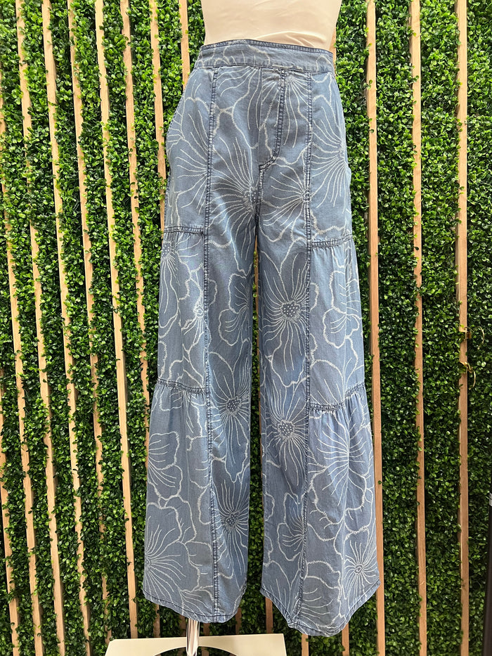 Floral Chambray Wide Leg Pants