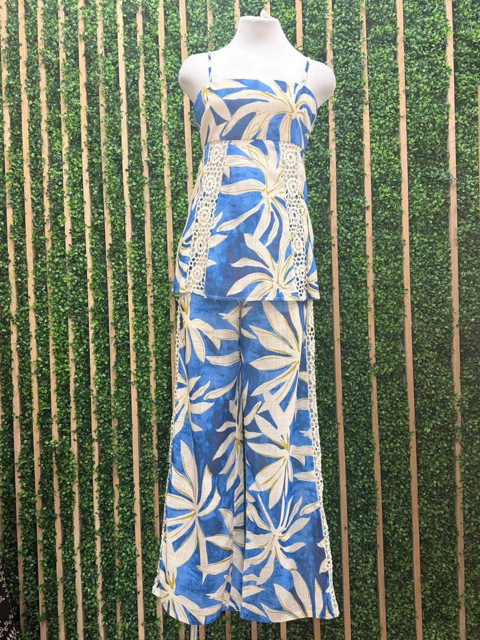 Blue Tropical Print Wide Leg Pant