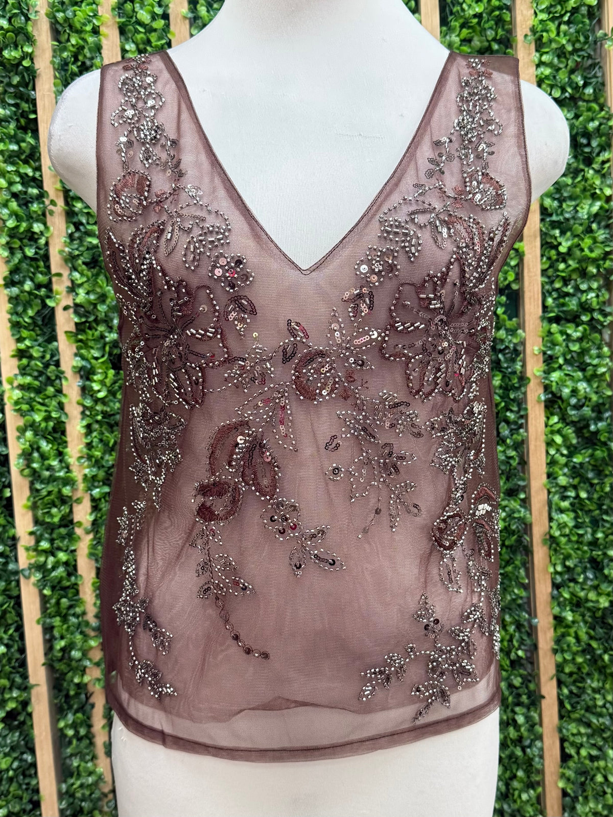 Silver Embellished Mesh V Neck Top