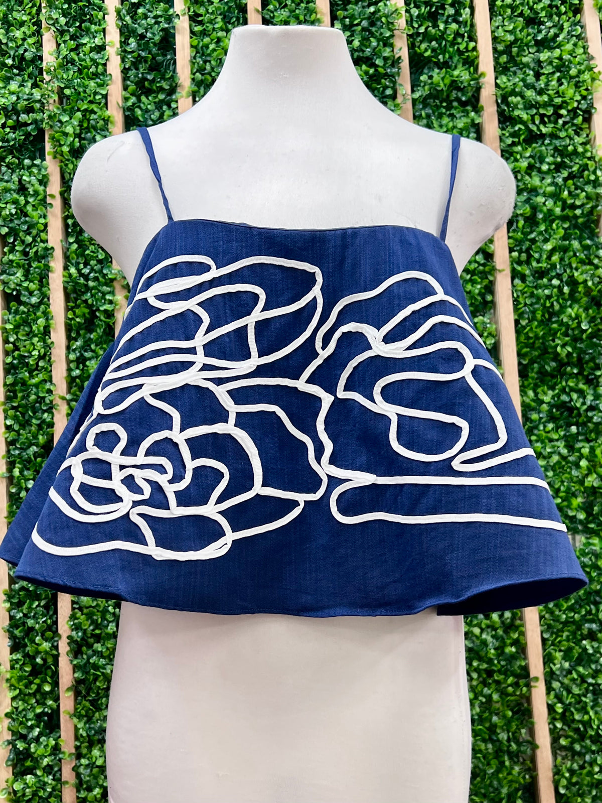 Navy Embroidered Ruffle Crop Top