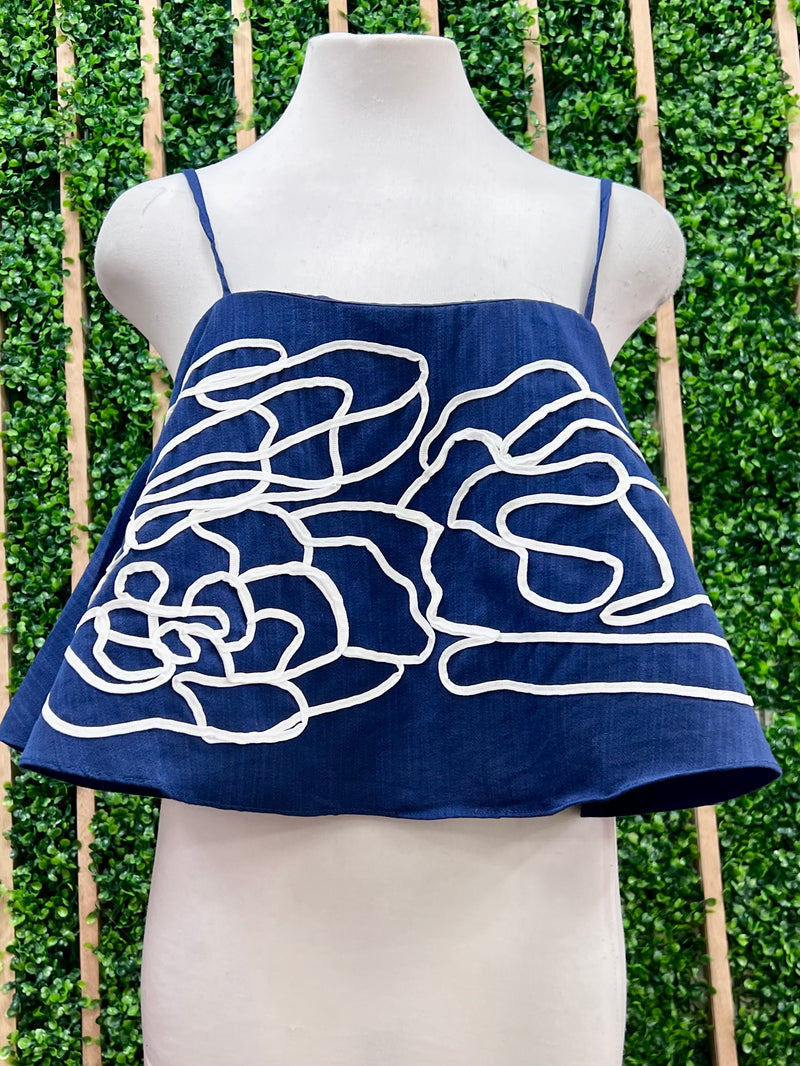 Navy Embroidered Ruffle Crop Top