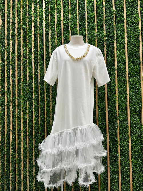 White Tiered Tulle Detail Shirt Midi Dress