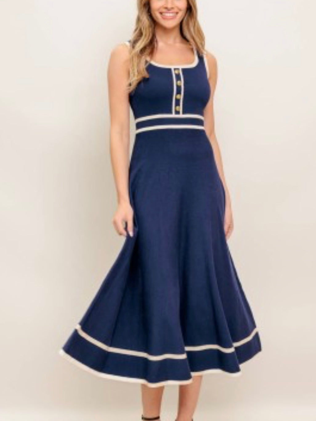 Beautiful Navy Ivory Knitted Midi Dress