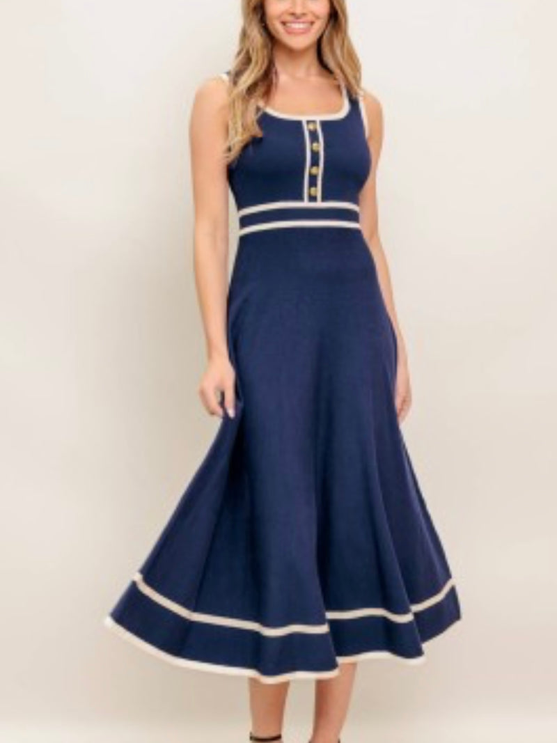 Beautiful Navy Ivory Knitted Midi Dress