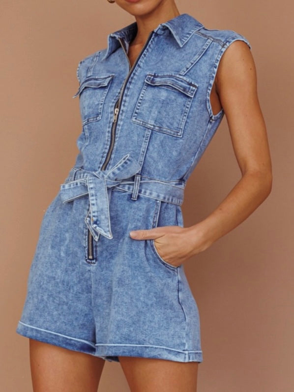 Belted Zipper Denim Romper