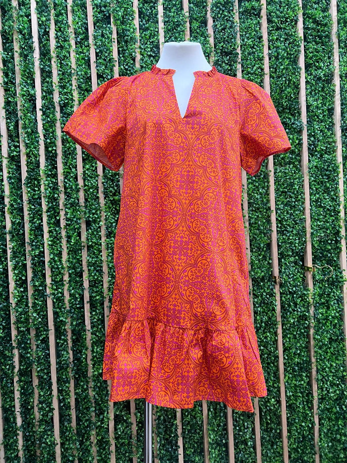 Orange Vines Split Neck  A Line Short Dress