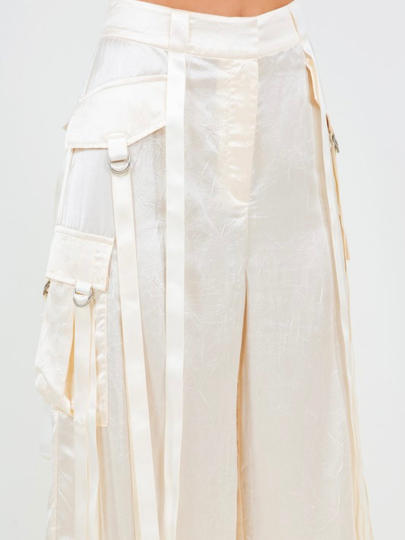Satin Cream Crinkled Cargo Dressy Pants