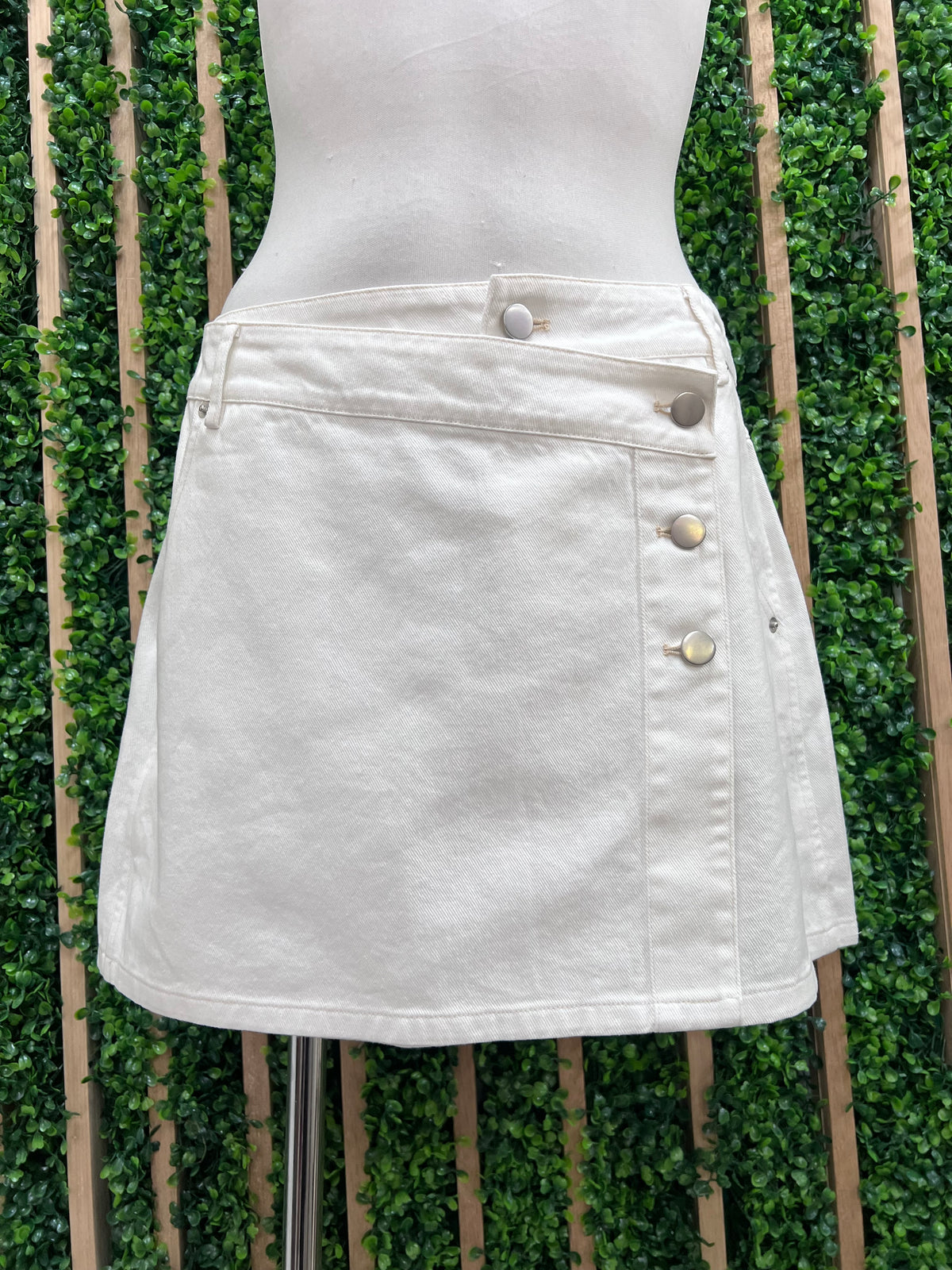 White Asymmetrical Button Front Denim Short Skirt