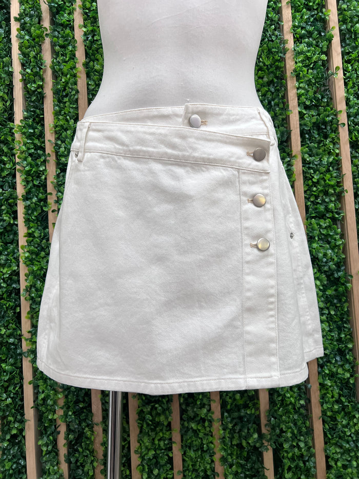 White Asymmetrical Button Front Denim Short Skirt