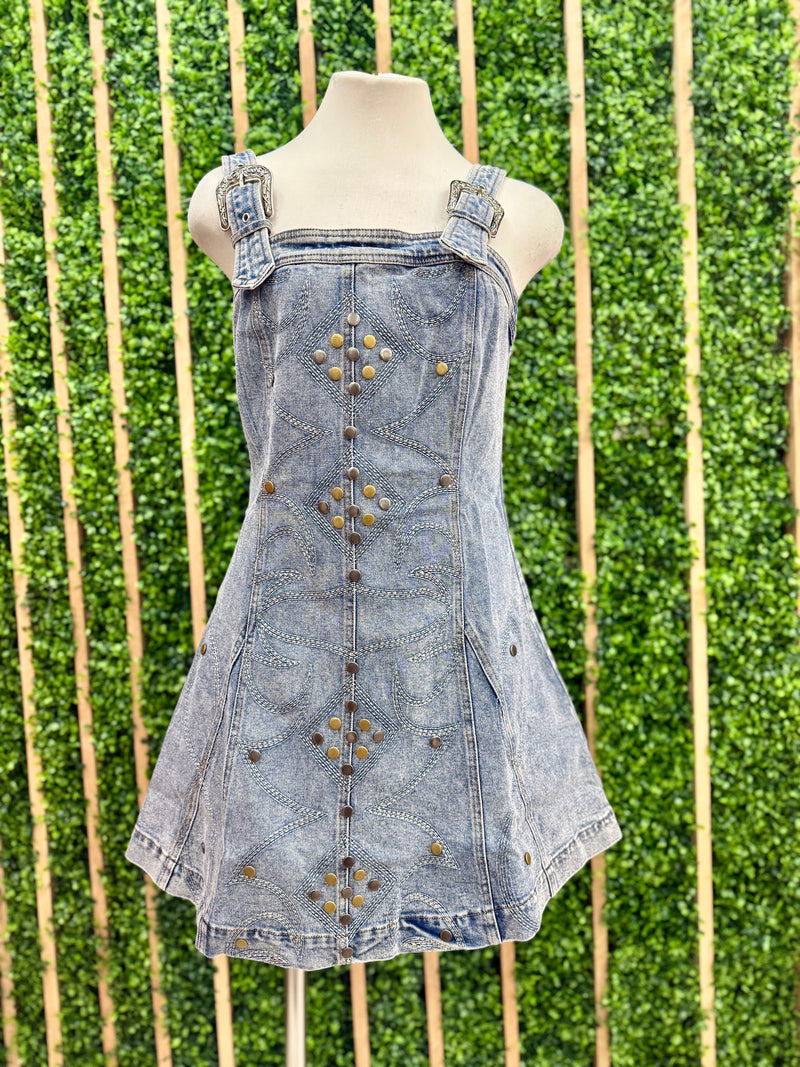 Studded Western Denim Buckle Detail Short Dress
