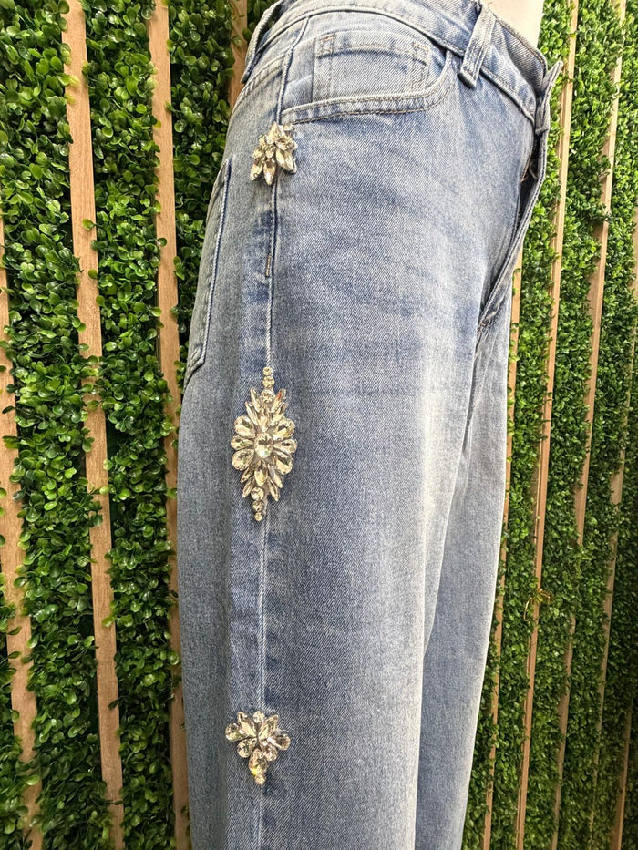 Side Crystal Embellished Wide Leg Jeans