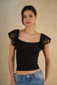 Eyelet Puff-sleeve Crop Top
