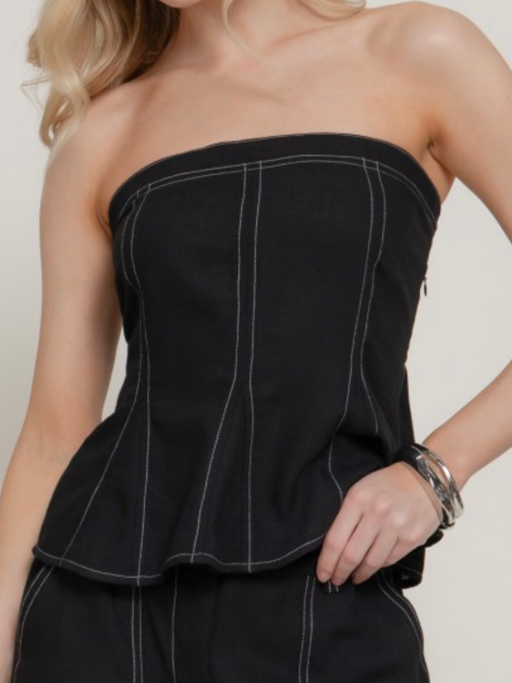 Black Contrast Stitch Strapless Peplum Top