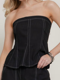 Black Contrast Stitch Strapless Peplum Top