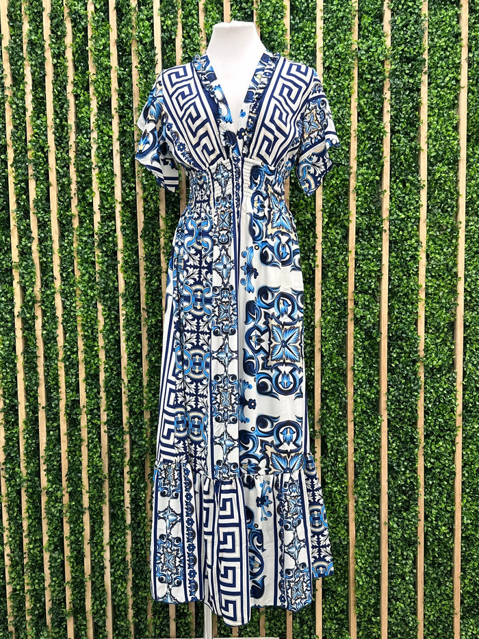 Multi Blue Gold Ruched Kimono MaxiDress